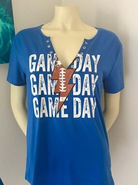NBW! Game Day Women's Blue Graphic Tee with Football Lightning Design